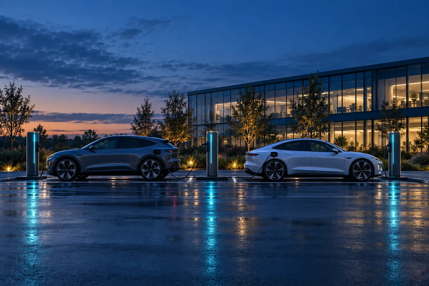 Electric cars charging in front of an office building at dusk