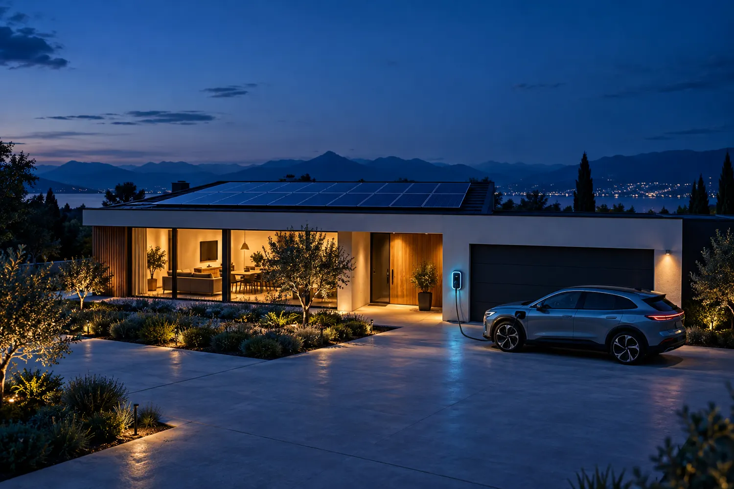A family house with solar panels and a home EV charger