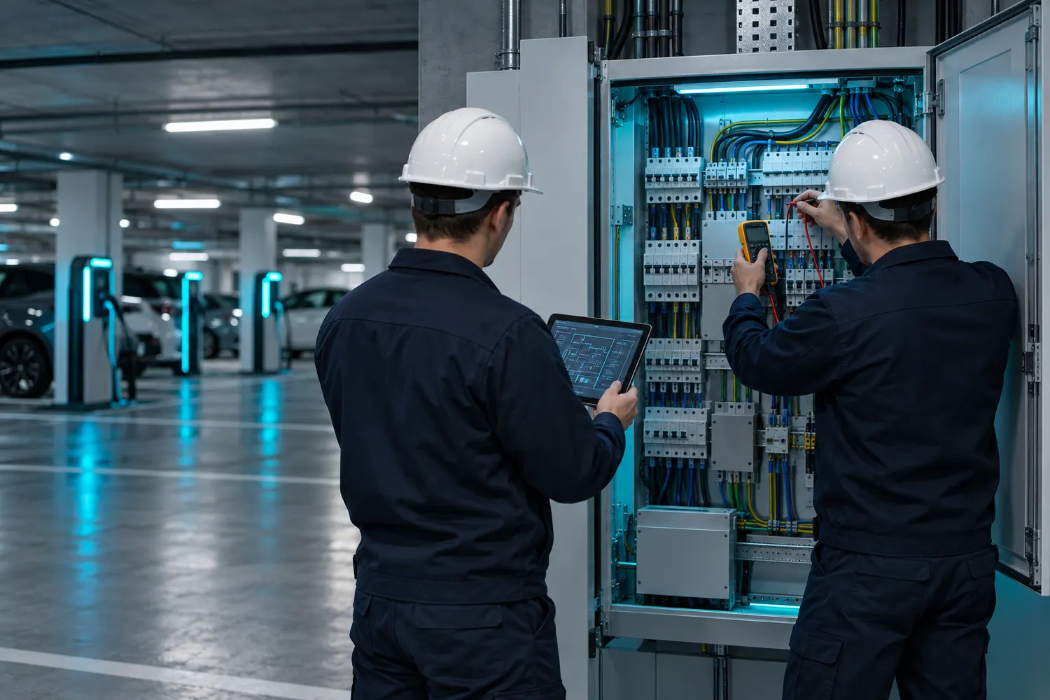 Two electricians checking a distribution board in a garage